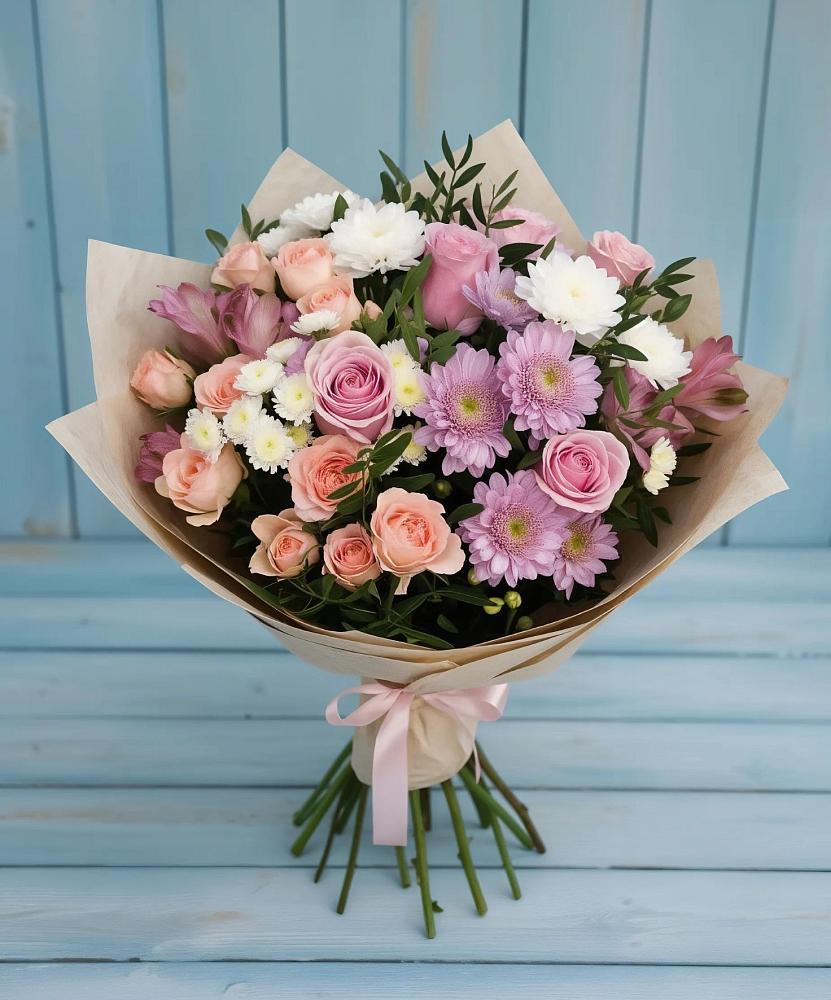 Букет цветов из: Хризантемы, Розы и Альстромерии в Колычево Можайского района