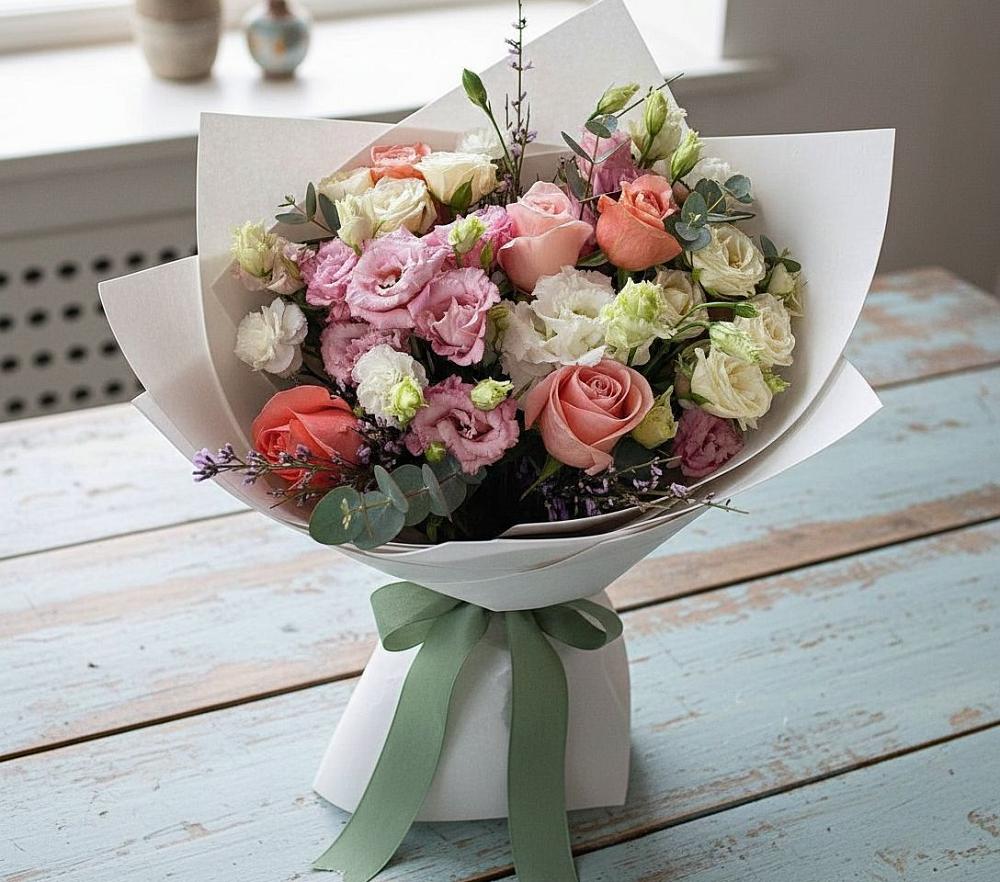 Букет цветов из: Розы, Лизиантусы и Гвоздики в Колычево Можайского района