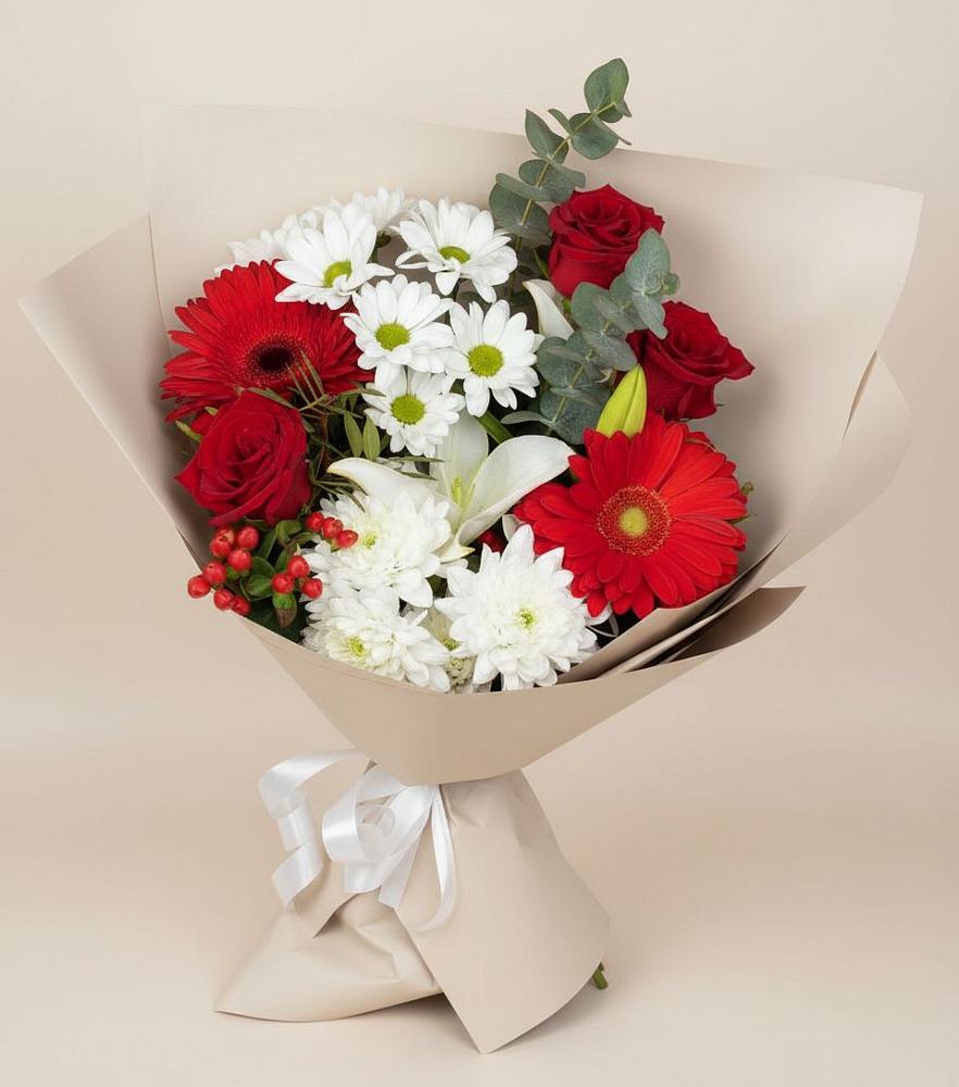 Букет цветов из: Розы, Хризантемы, Герберы и Лилии в Колычево Можайского района